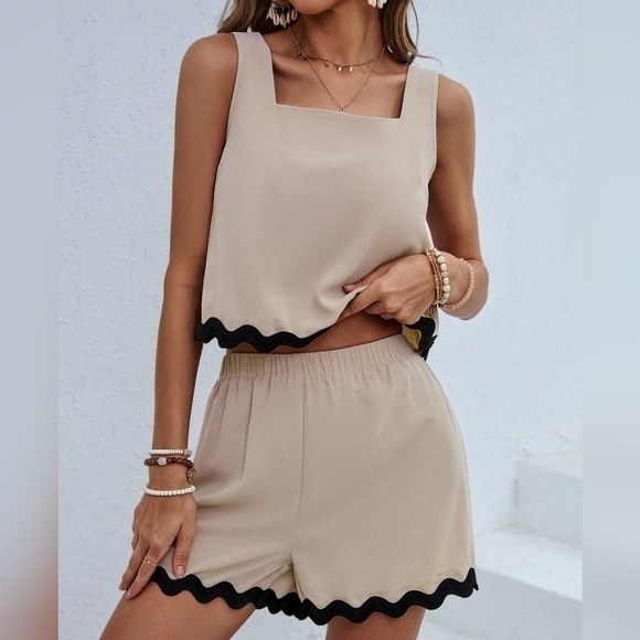 Women Casual Holiday Two Piece Set With Color Block And Wavy Edge - Picture 4 of 5